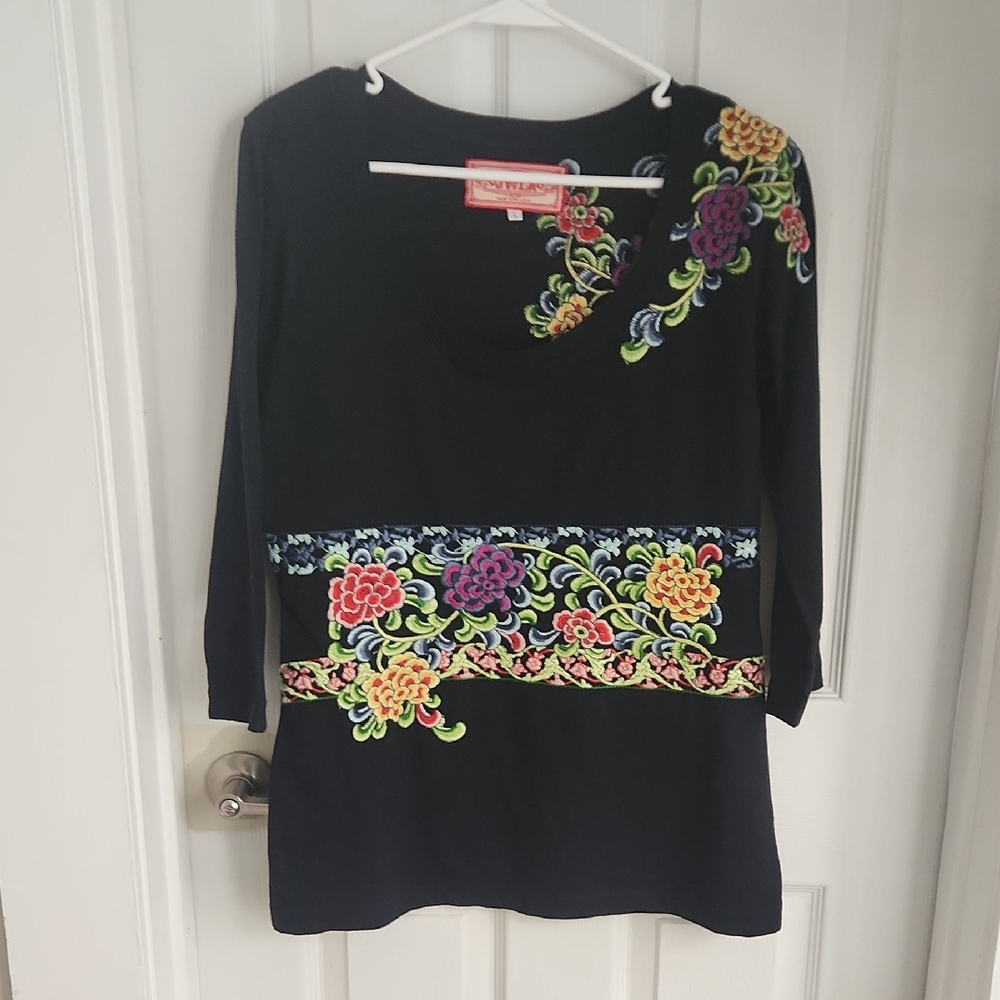 Johnny Was Black Top with Multicolor Floral Embroidery